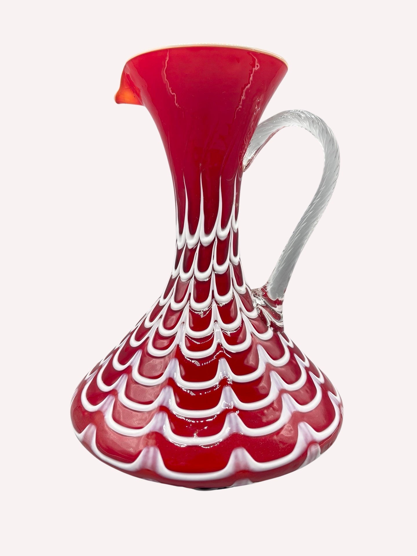 VASE HENKELVASE ITALY EMPOLI LAVORAZIONE ROTE OPALZIERUNG WEISS CANE DRAPE
