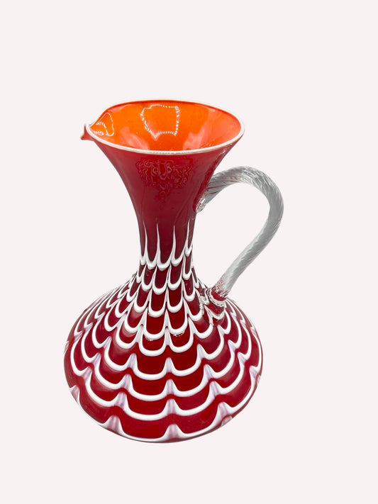 VASE HENKELVASE ITALY EMPOLI LAVORAZIONE ROTE OPALZIERUNG WEISS CANE DRAPE